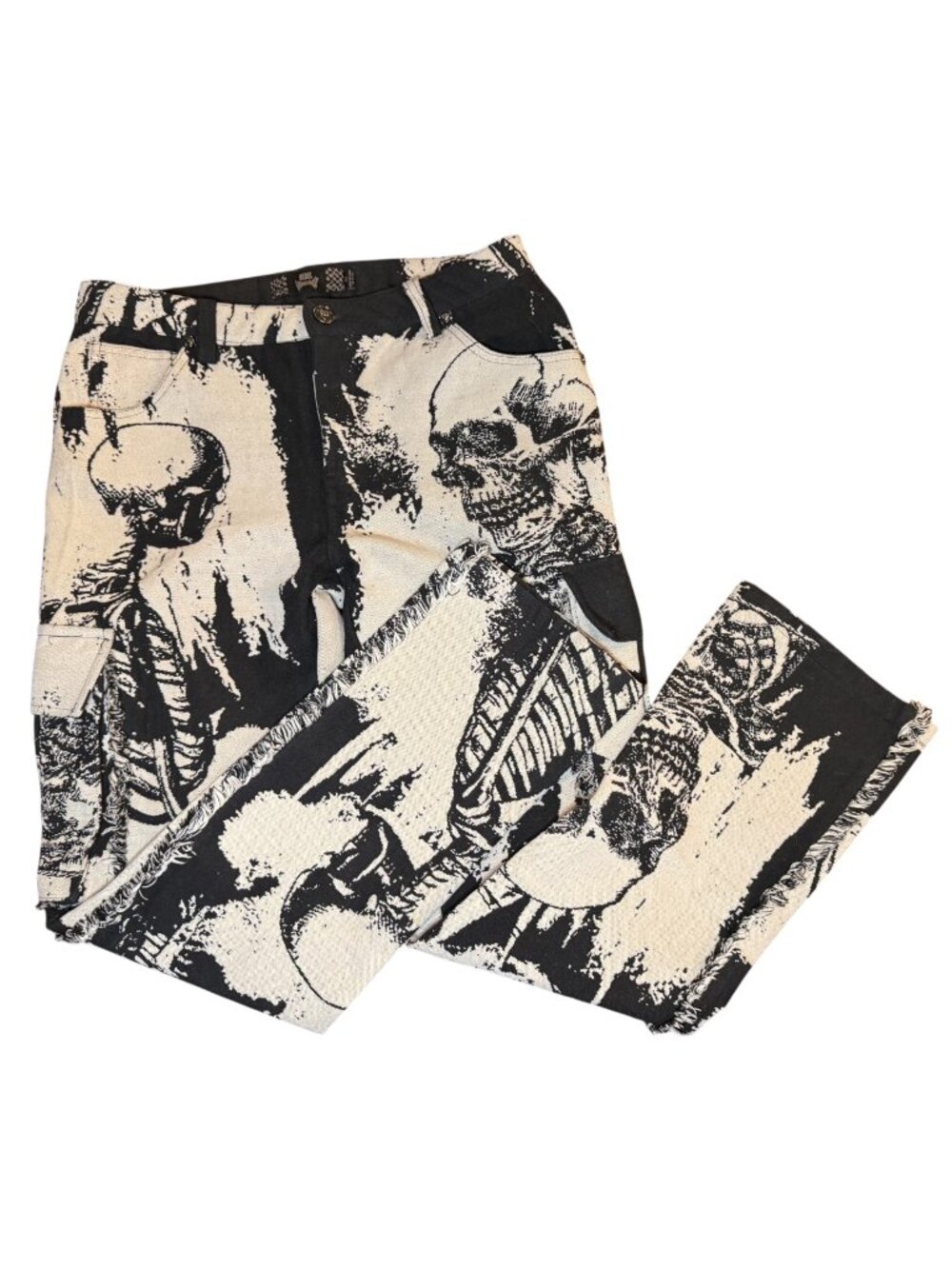 Rebel Vengeance Tapestry Cargo Jeans Men’s 32 Skeleton Skull Fringe Black Cream